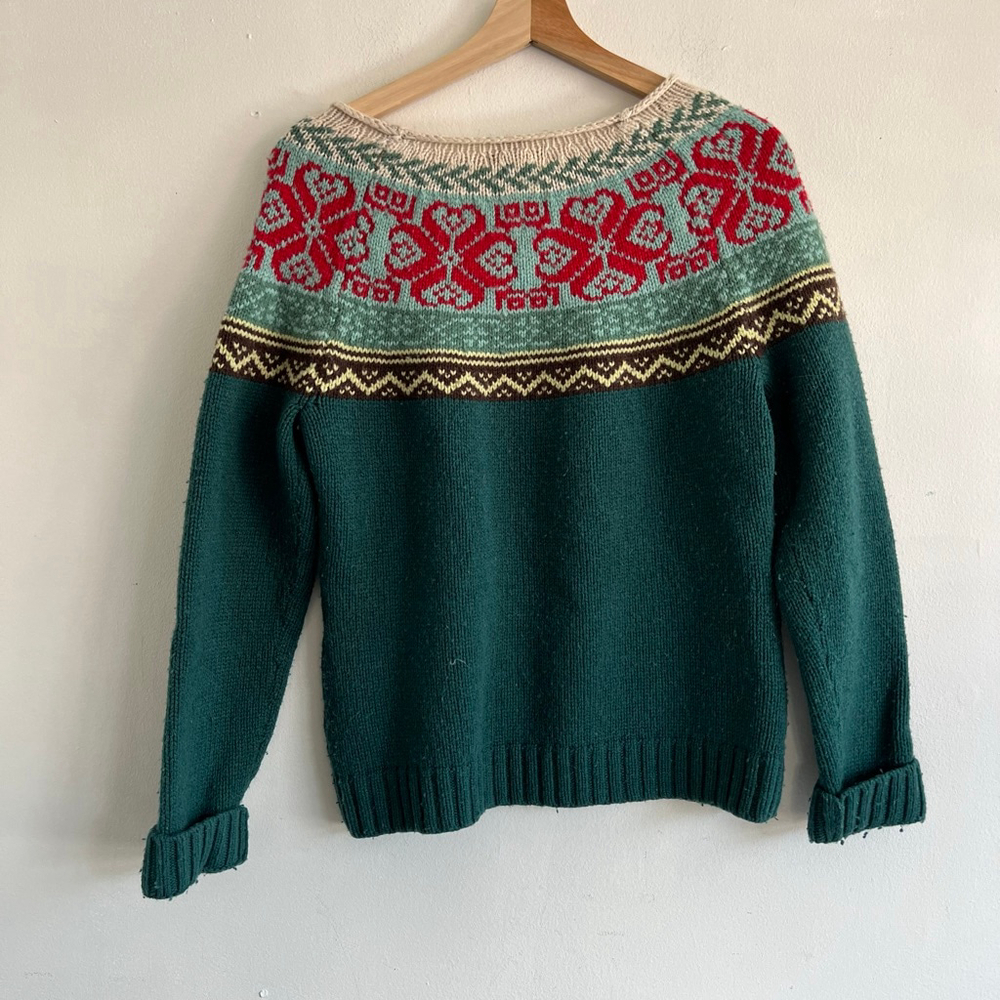 REI Green Red Fair Isle Crew Neck Sweater M